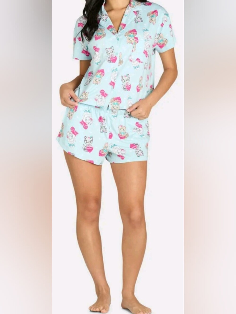Cat Print Women's Cropped Pajama Top & Short Bottoms Cute Sleep Set Valentine's